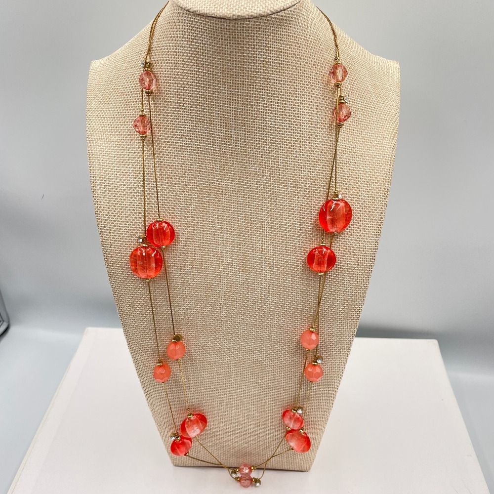 Vintage Coral Pink Art Deco Layered Necklace Murano Style Glass Bead Gold Tone